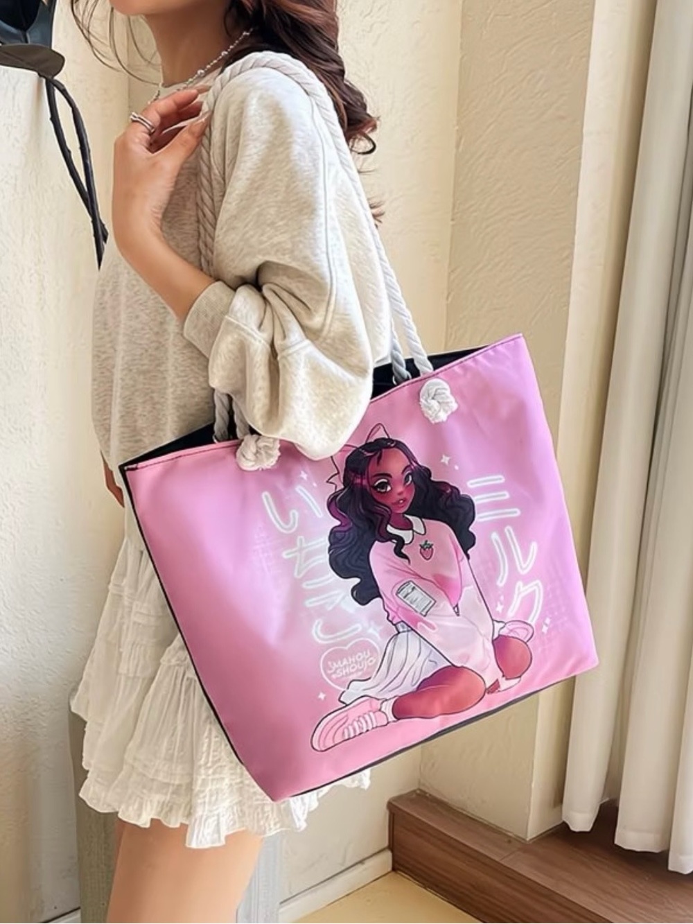 Pink Illustrated Tote Bag with Rope Handles